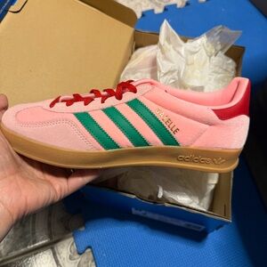 Women Adidas Gazelle Pink with Red and Green Accents size 7